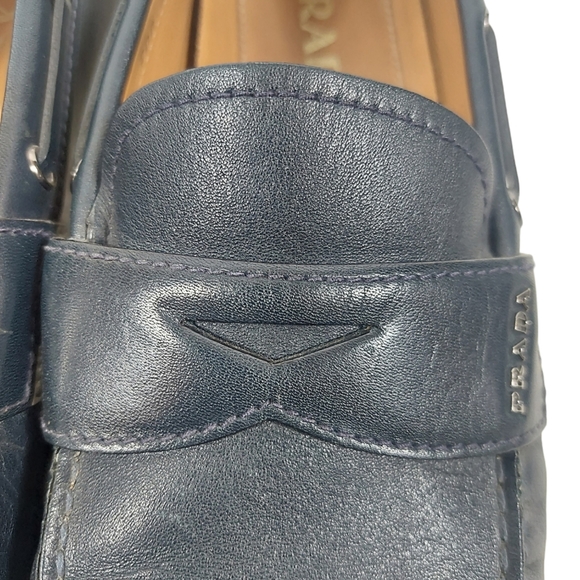 Prada Men's Navy/White Stripe Detail Penny Loafer Moccasin Shoes - Picture 6 of 13
